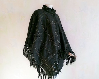 Vintage Arolan Kutomo Poncho, Black Gold Wool Poncho, Fringed Poncho, Vintage Women's Poncho, Design by Pirkko Maki, Made in Finland