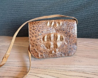 Vintage Genuine Leather Shoulder Bag Crocodile Pattern Women's Handbag Lot of Compairtments 70's Leather Handbag