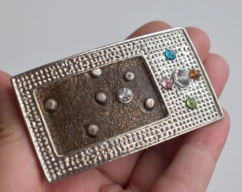 Vintage Belt Buckle Silver rhinestones Glass Crystal Filigree Engraved Steel MCM Mid Century Fashion Solid Metal Dress Accessory DIY
