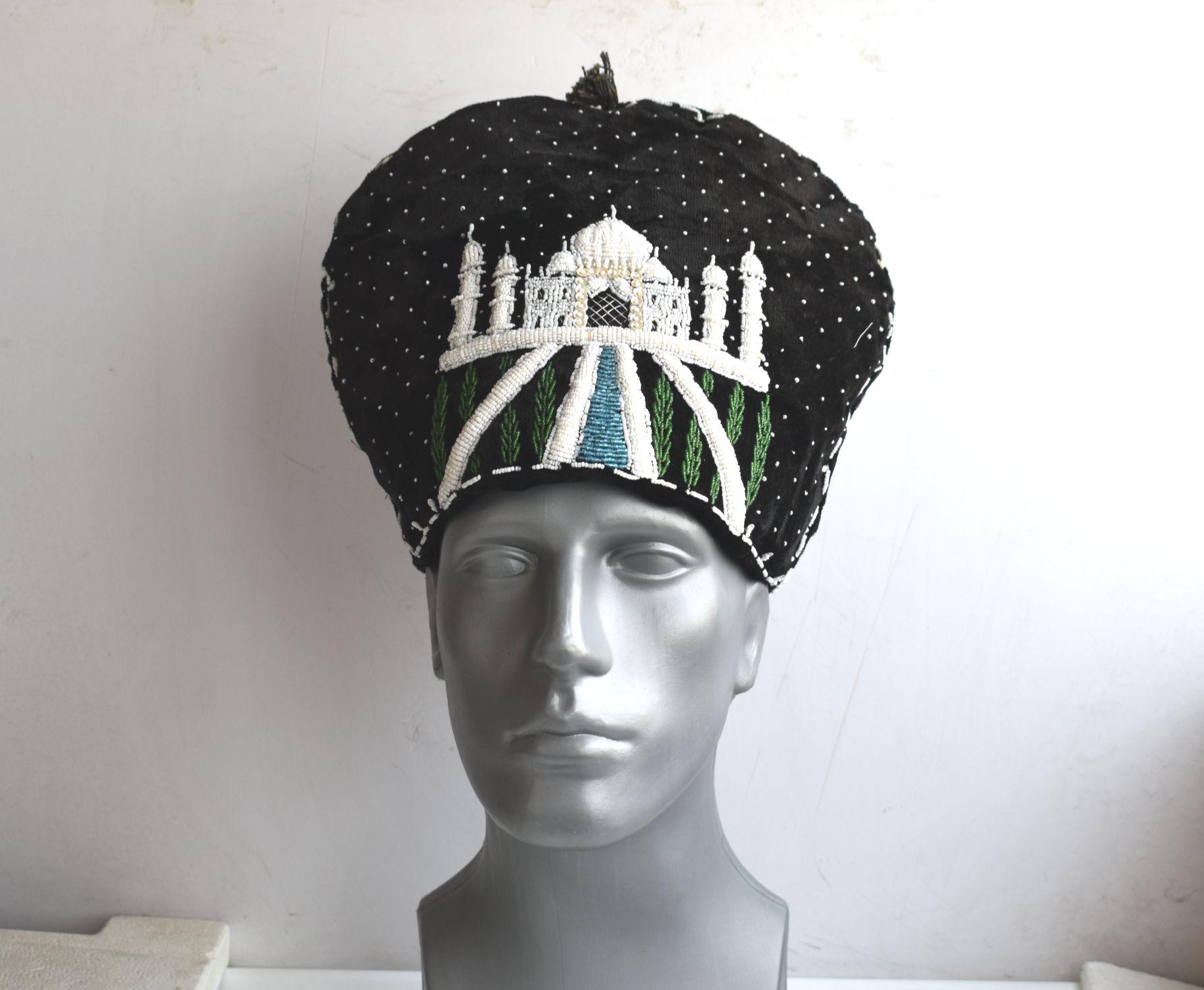 Vintage Jariwala and Sons Sarafa Bhopal India Hat Skull Kufi Hat Doppi Topee Cap Topi Black Velvet Embroidered beads Peacock Palace Pattern