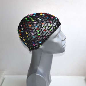 Vintage Kufi Hat Topee Black Beaded Knitted Crochet Thread Padded Prayer Cap Topi Taqiya Takke Elastic Unisex One Size Adult European