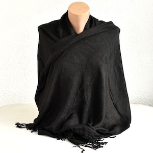 Chal Pashmina Mujer Con Estampado De Amapolas - Negro Y Rojo, Tamaño Grande (193x68 Cm), Bordes Con Borlas