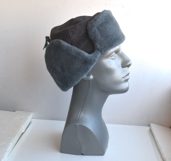 Vintage Trapper Hat Ushanka Gray Blue Real Fur Le… - image 1