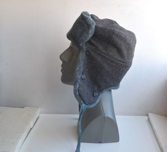 Vintage Trapper Hat Ushanka Gray Blue Real Fur Le… - image 2