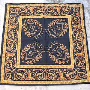 Vintage 28&quot; x 28&quot; MONA Scarf Headscarf Square Black Gold Baroque Pattern Bandana Neck Scarf  Polyester Unisex Italy Italian European MCM