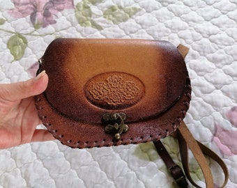 Vintage Hard Calf Leather Purse, Small Brown Leather Bag, Genuine Leather Crossbody Purse, Brass Buckle Purse, Women's Accessories