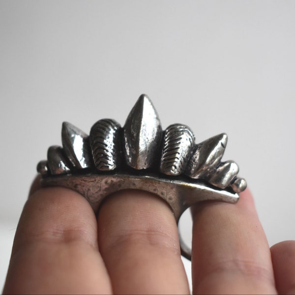 Vintage Ring Multiple Triple Finger Tribal Knuckle Large Statement Jewelry Silver Color Steel Metal Brutalist MCM Men Fashion Jewelry