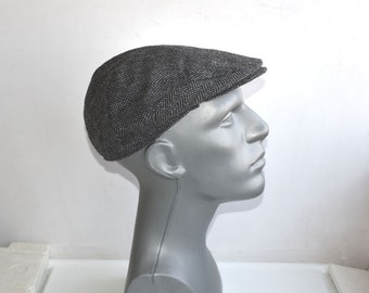 Vintage CANDA Hat Men's Flat Cap Size 56 Houndstooth Baker Boy Wool Hat Cap Gray Newsboy Headgear for Him Ear Flap Tweed Mariner Boy Hat