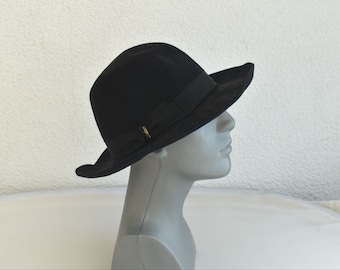 Vintage Borsalino Antica Casa Size 60 Italy Fedora Hat Trilby Black Felt Wool Men's Italian MCM Fashion Mens Accessory European Fashion
