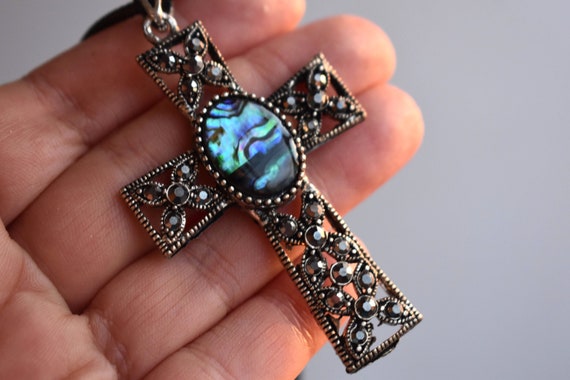 Vintage Abalone Cross Pendant Silver Color Metal … - image 8