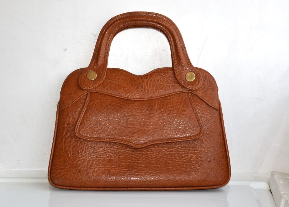 Vintage Tan Orange Brown Natural Leather Every day Handbag Hand Bag Fashion Germany European Minimalist Women Retro European MCM Fashion