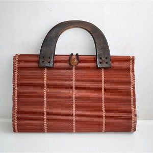 Vintage handgemachte Holzleistentasche faltbare gefütterte Holzleistenbraune Geldbörse Boho Frühlingssommer Top Griff Handtasche Jeden Tag Handtasche