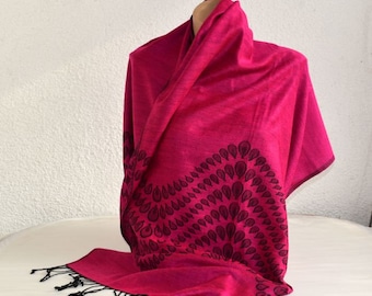 Vintage Two Faces Long Wide Scarf Shawl Wrap Pink Black Large India Indian Pashmina Silk Scarf Vintage Accessory for Her Asian MCM
