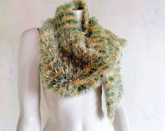 Vintage Winter Scarf, Knitted Scarf, Green Yellow Fluffy Scarf, Women knitted fluffy Scarf, Vintage Accessory for Her, Gift for Woman