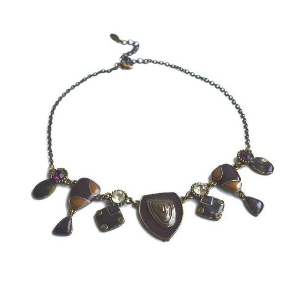 Vintage H.Dubin Paris Brass Enamel Crystal Chain Statement BiB Necklace Boho Glass Bohemian Jewelry Women Gift Trendy MCM France Fashion