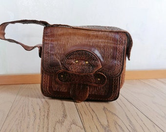 Vintage Leather Woman Bag, 80's Embossed Genuine Leather Shoulder Bag, Brown Retro Leather Handbag, Made in USSR Shoulder Bag