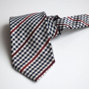 Vintage Brooksfield Silk Tie Geometric Pattern White Blue Red Necktie European Mens Fashion Menswear Fabric Accessory For Him