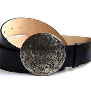 Vintage Black Genuine Leather Wide Belt Solid Metal Ancient Silver Buckle ADMU Germany European Fashion Ladies Dress Accessory Woman Gift