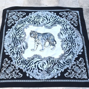 Vintage 35&quot; x 34&quot; Black White Tiger Italy Scarf Headscarf Square Neck Scarf Polyester Retro MCM Unisex Scarves Clothing European Italian MCM