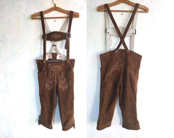 Vintage Size 44 Elfi Maisetschlager Weitra Trachten Oktoberfest Men's Shorts Suspenders Brown Khaki Buffalo Leather Dirndl Pants Tirolean