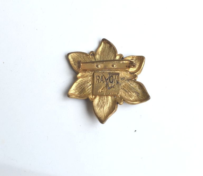 Broche Vintage Signée Rayon D'or Paris - Fleur En Laiton Doré, Bijou Ancien