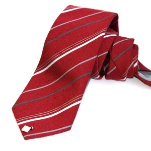 Vintage PFAU Tie Red Gray White Striped Necktie Germany European Mens Fashion Menswear Retro Old Silk Polyester Fabric Accessory For Him