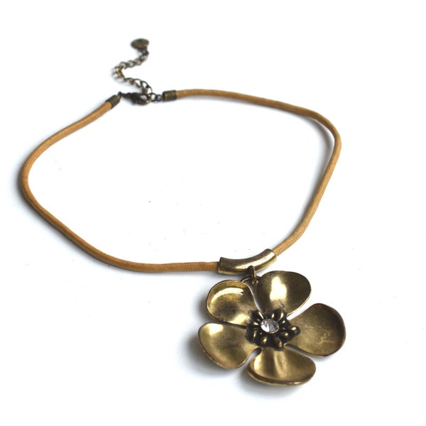 Vintage IKITA Paris Brass Flower Pendant Necklace Choker Round Statement Minimalist Jewelry Unisex