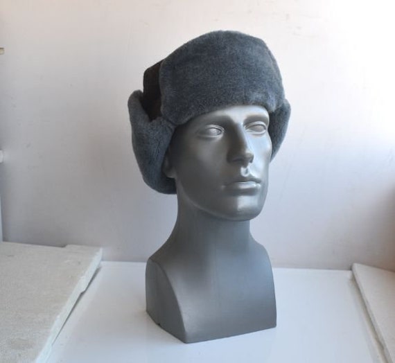 Vintage Trapper Hat Ushanka Gray Blue Real Fur Le… - image 3