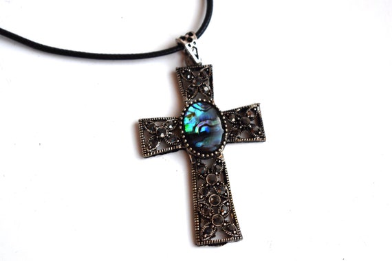 Vintage Abalone Cross Pendant Silver Color Metal … - image 2