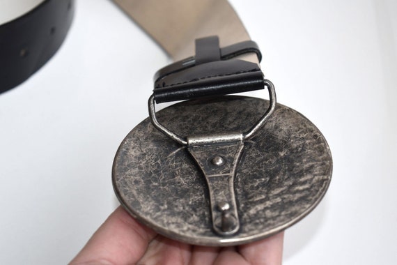 Vintage Black Genuine Leather Wide Belt Solid Met… - image 5