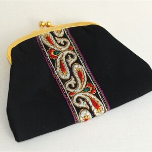 Vintage negro tela bolsa moneda monedero cartera bordado geométrico europeo MCM mediados de siglo moderno Alemania moda mujeres niña regalo accesorio 5