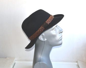 Vintage MAYSER Men's Fedora Hat Black Check Wool Leather Band Fedora Made in Germany European MCM Fashion Mens Accessory