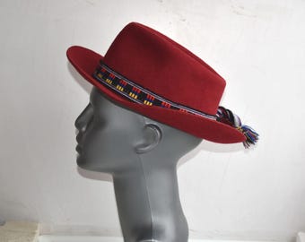 Red Fedora Trachten Hat & Vintage Stag Crest Pins Oktoberfest Small XS Red Alpine Fedora With Black Ribbon & Feather and Travel  main image 3