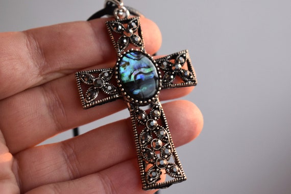 Vintage Abalone Cross Pendant Silver Color Metal … - image 1