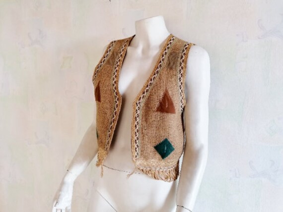 Gilet vintage ficelle fait main gilet beige vert marron motif geometrique gilet en fil de chanvre Etsy France