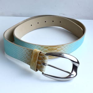 Può includere: Una cintura caratterizzata da un motivo sfumato che passa dal giallo chiaro al turchese brillante con una finitura testurizzata simile alla pelle di serpente. La cintura include una fibbia in metallo color argento lucido e fori di regolazione.