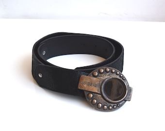 Vintage Just Cavalli cinturón negro tamaño 90 latón sólido metal hebilla Italia Roberto Cavalli moda europea damas ropa accesorio mujer regalo