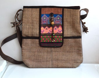 Vintage Canvas Woven Fabric Brown Genuine Leather Shoulder Bag Every day Tote Bag Handbag Messenger Asian Thai MCM Thailand Fashion