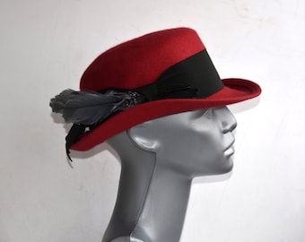 Vintage Ottmar Reich Red Black Women&#39;s  Hat Wool Hat Feathers Band Germany MCM European Fashion Accessory Bowler Hat, Oktoberfest Hat