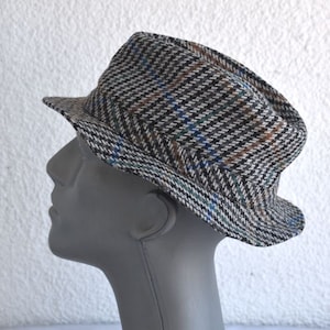 Vintage Men&#39;s Fedora Hat Size 58 Houndstooth Blue Green Black Check Wool Fedora Made in Germany European MCM Fashion Mens Accessory