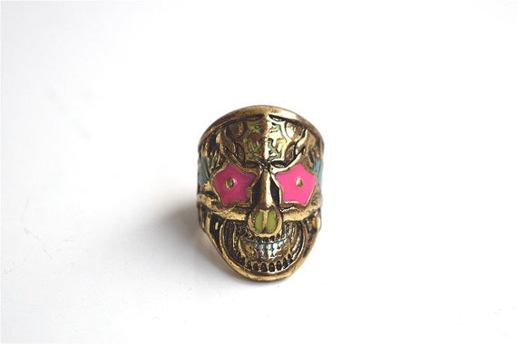 Vintage Brass Skull Biker Ring Skeleton Statement… - image 8