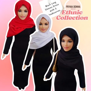 Curvy Doll Hijab: Black Dress with Scarves - Doll Clothes
