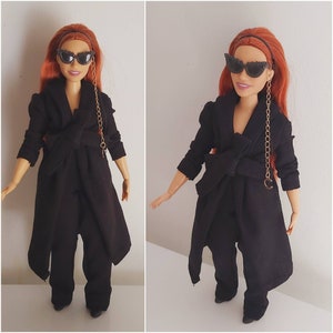 Black Trench Coat: Curvy 11.5-inch Fashion Doll Clothes