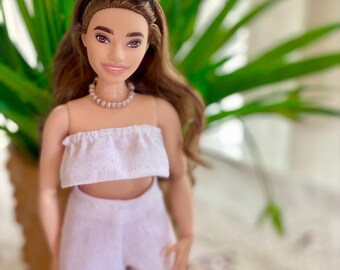 Curvy Fashion Doll Clothes - Linen Shorts and Cropped Top Set for Spring/Summer