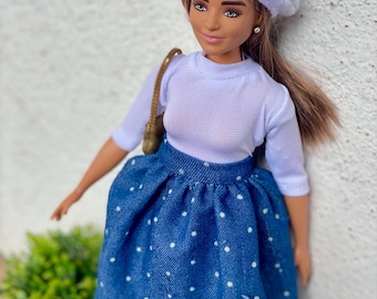 Chambray Skirt and White Bodysuit Outfit for 1/6 Scale Fashion Dolls