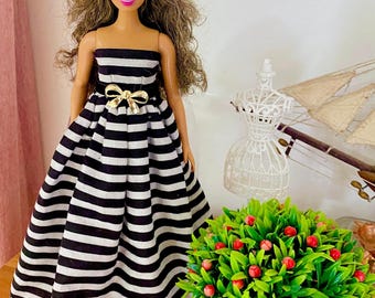 Black & White Stripey Gown for Curvy Fashion Doll