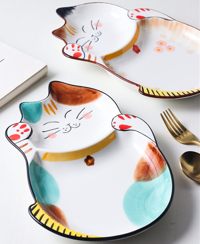 Cat Dinner Plate Children's Dinnerware Personality Grid Etsy