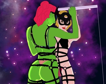 May include: Digital illustration of two figures in a cosmic setting. One figure is green-skinned with red hair and wearing a black harness. The other figure is fair-skinned, wearing a black mask and harness. The background is a purple and white galaxy.