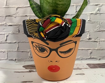 6 inch Terracotta face planter pots with headwrap for the culture