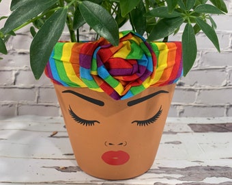 Terracotta PRIDE face planter pots with headwrap